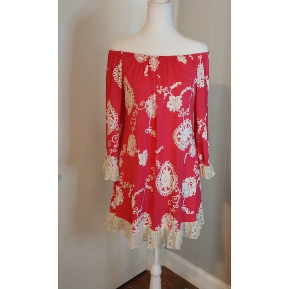 2 B Together Pink Mini Dress S Off Shoulder Crochet Flutter Sleeve / #3102 - Picture 7 of 8